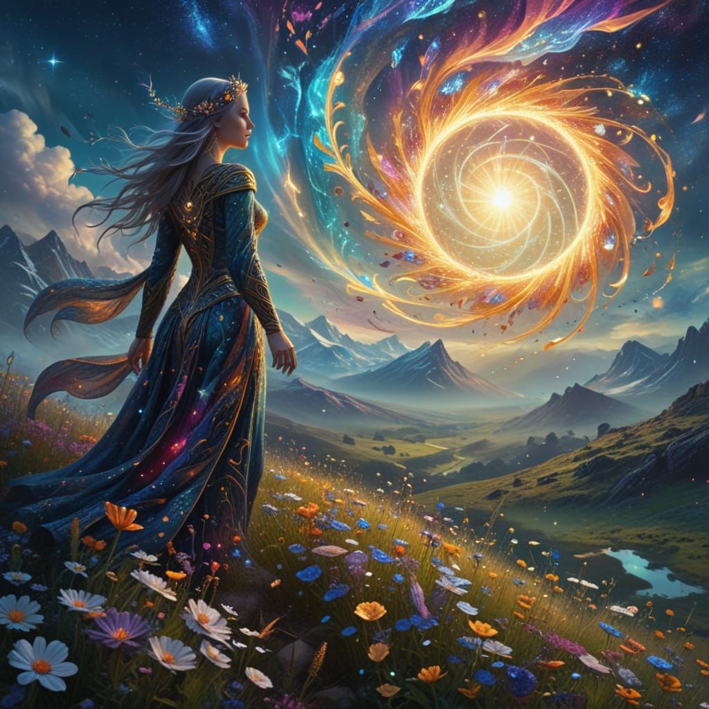 Sorceress Gazing Across Vibrant Cosmic Landscape
