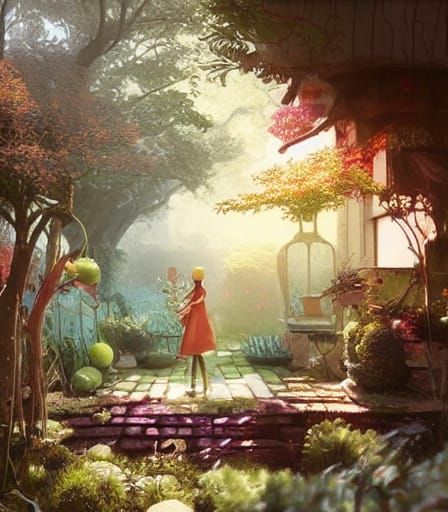 Lush Indoor Garden Painting with Volumetric Lighting