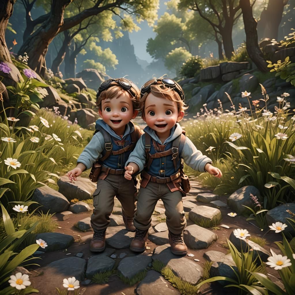 Adorable Twins' Loving Bond: 3D Game Cinematic Graphics