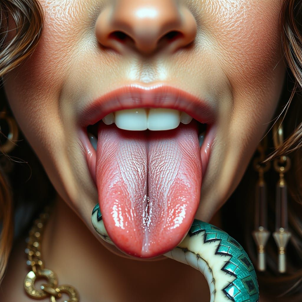 Sensual Woman with Snake Tongue, Hyperrealistic Close-Up