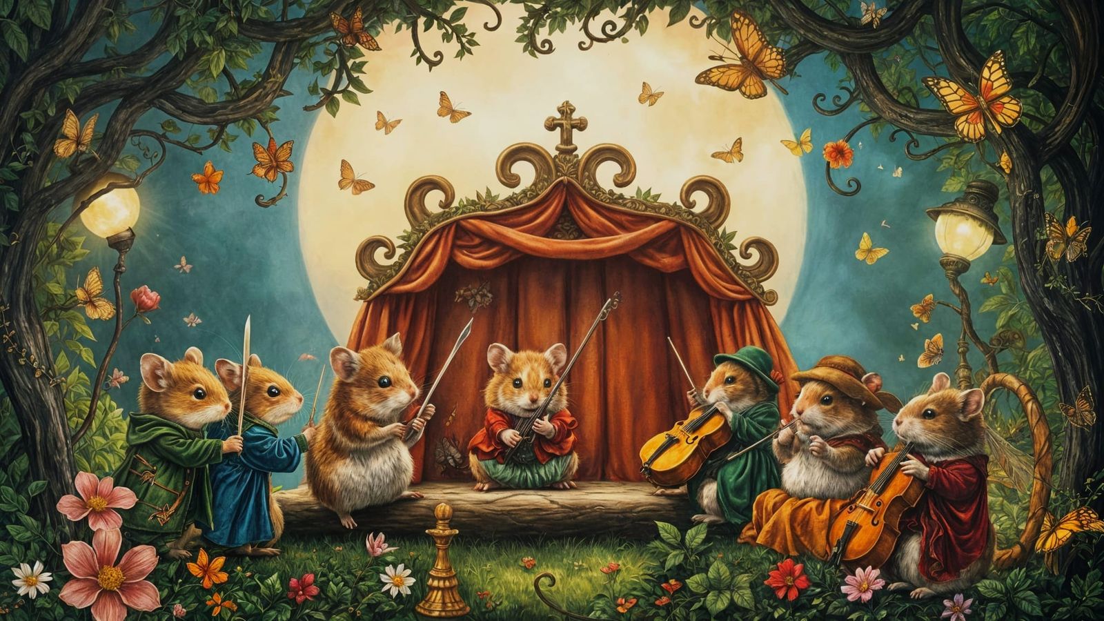 Whimsical Hamster Opera in a Dreamlike Garden Setting