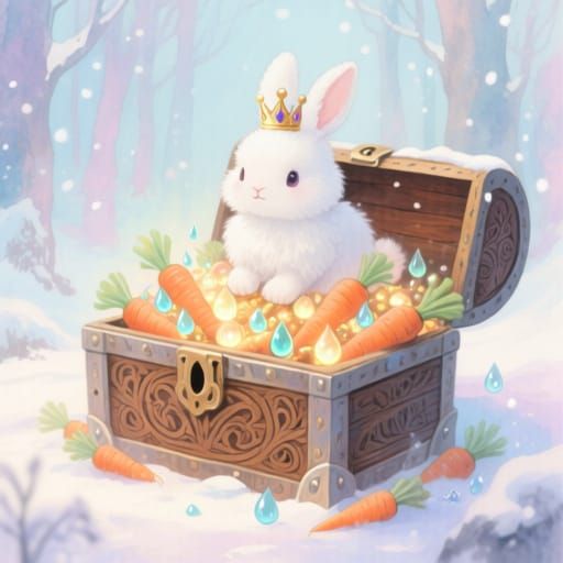 Crowned Rabbit on Treasure Chest in Winter Wonderland
