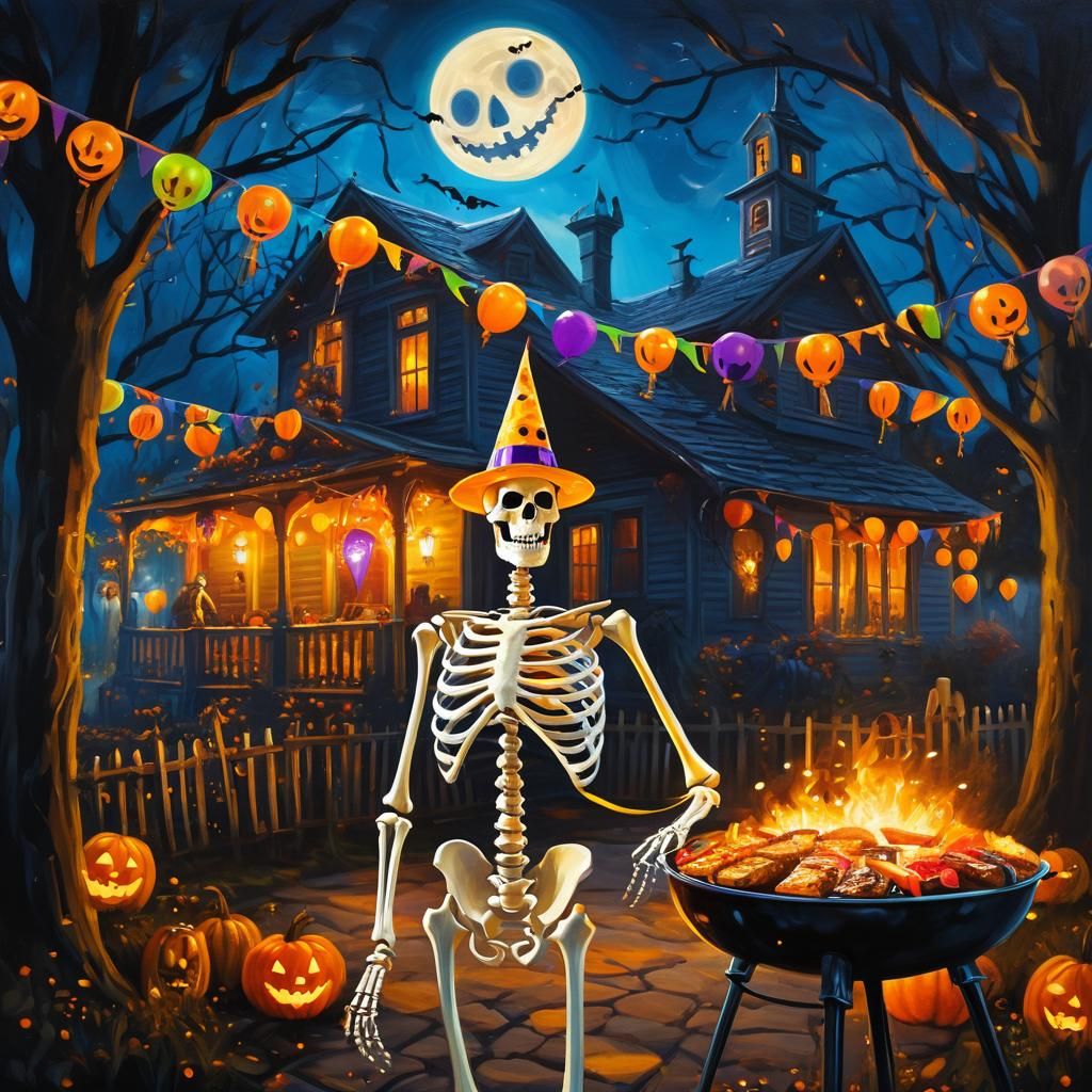 Spooky Halloween Barbecue Skeleton in Oil Painting