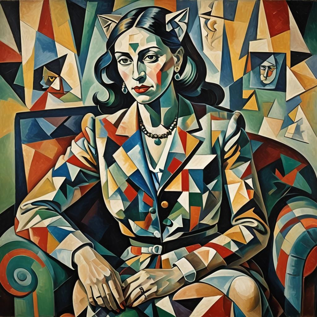 Cubist Woman with Cat Head in Geometric Fauvist Style