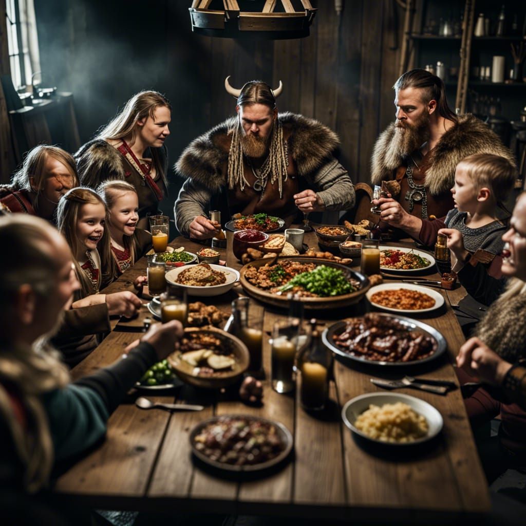 Viking Family Feast at Medieval Banquet Table