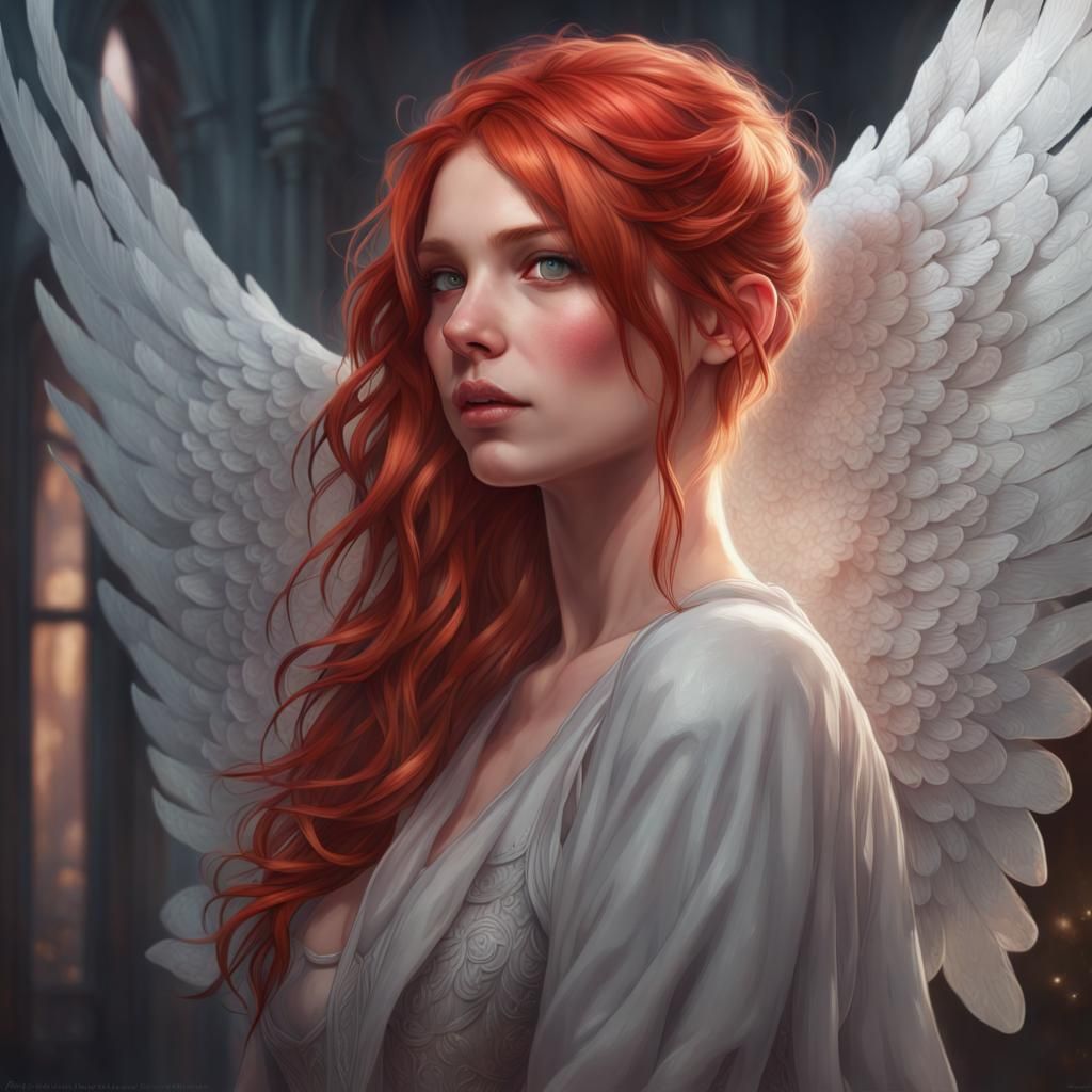 Red-Haired Girl with Dove Wings: Ethereal Portrait