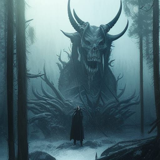Sinister Horned Demon in Frozen Forest