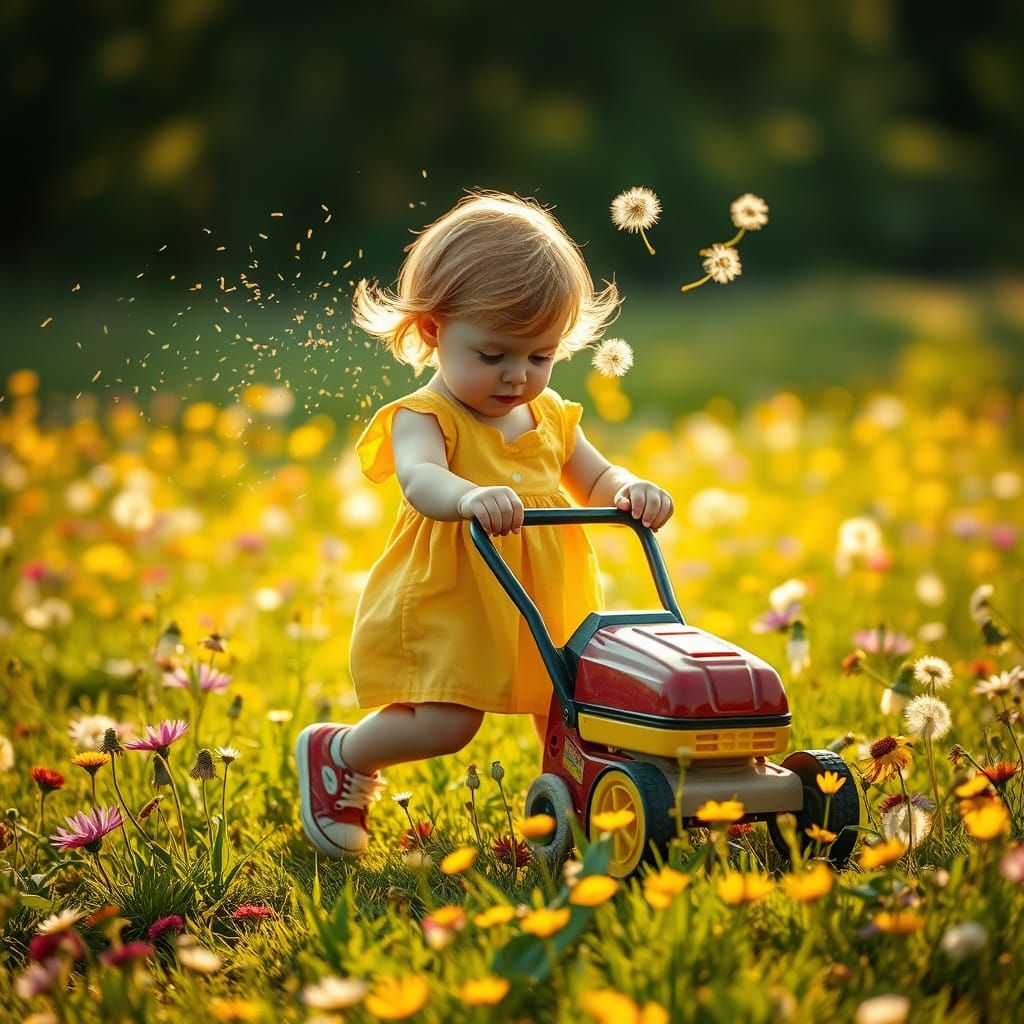 Ginger Toddler Plays in a Sunny Meadow