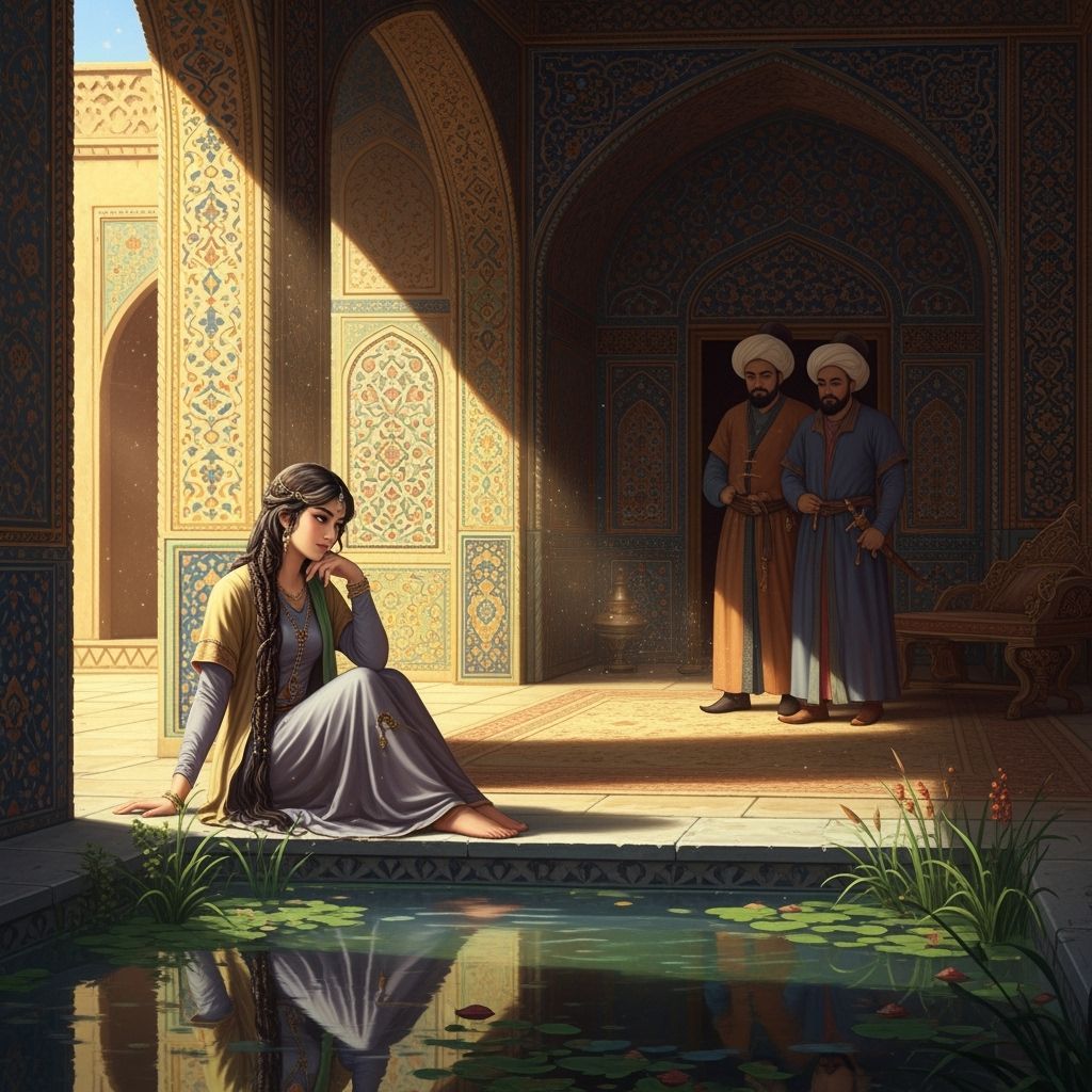 Persian Woman by Pond in Opulent Courtyard