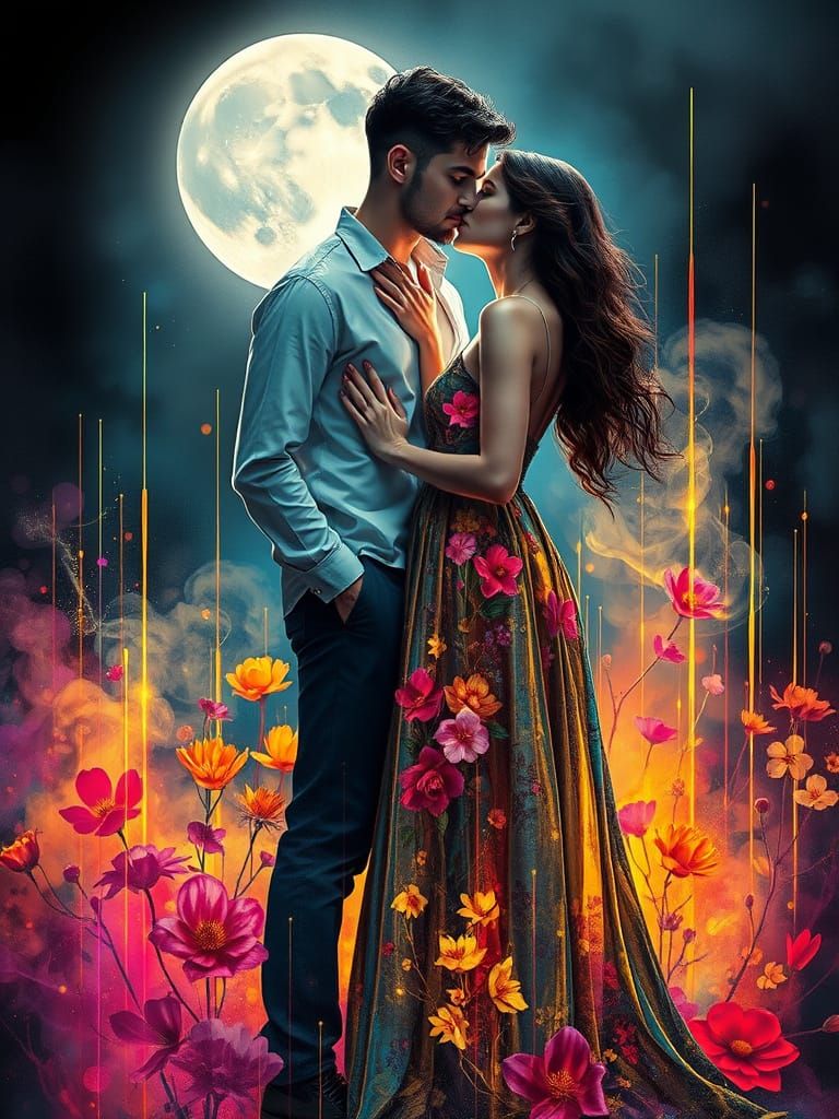 A young couple standing in moonlit field