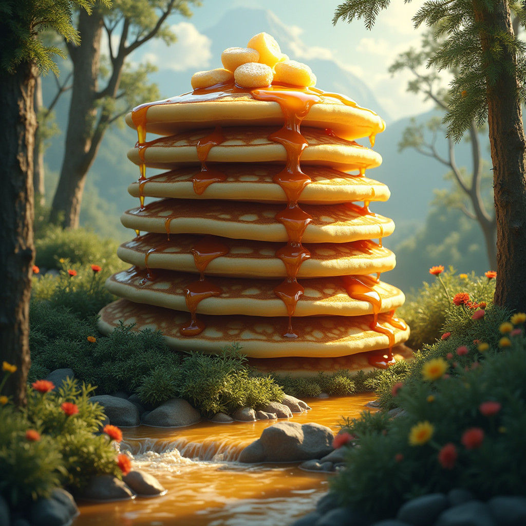 Giant Pancakes Waterfall in Lush Forest, Matte Painting