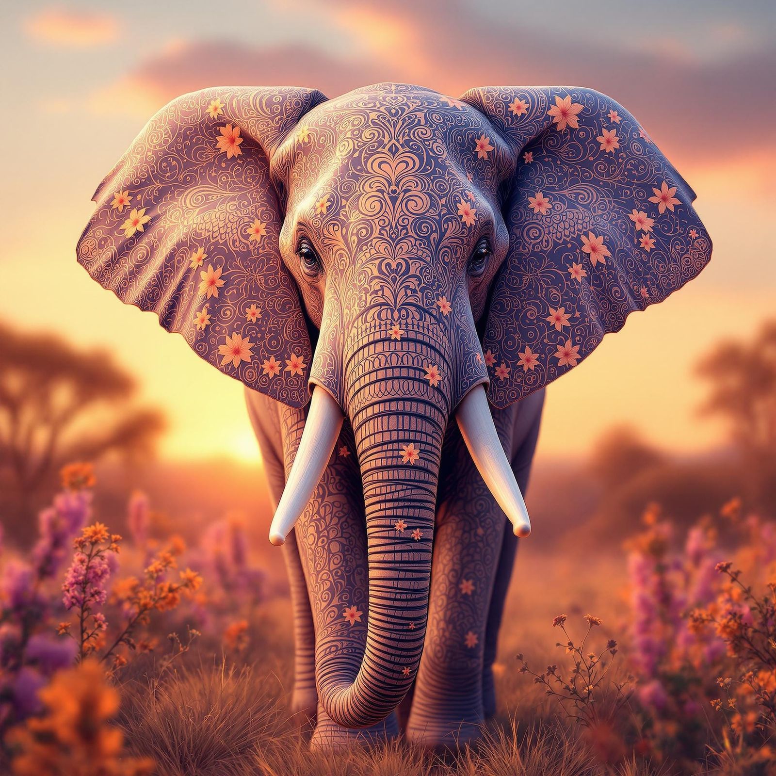 Henna Elephant in Australian Sunset: Dreamlike Art