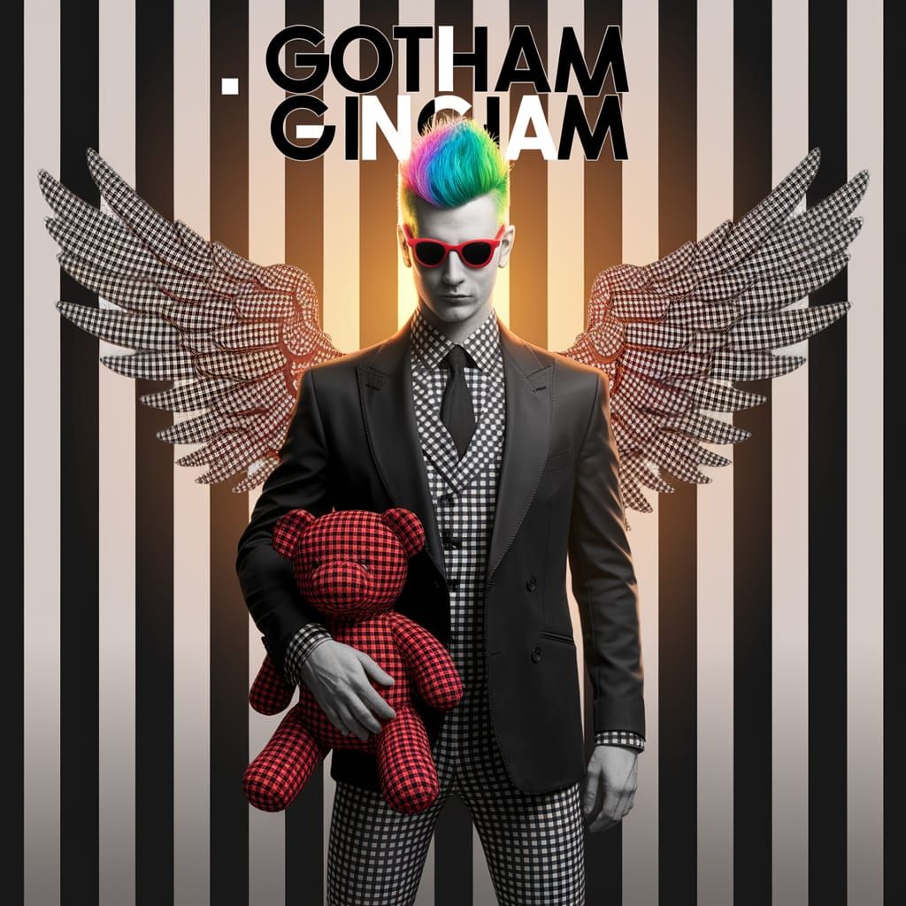 Punk  Spikey headed  punk  man with rainbow hair  , he wears black and white  patterned wings on his back,  he stands  i...