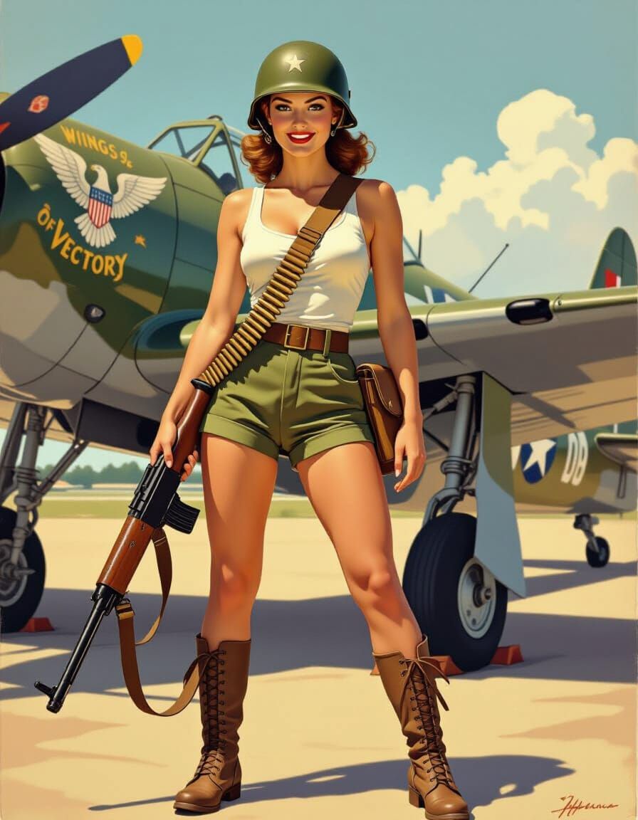 WWII Pinup Art: Confident Service Member with Aircraft