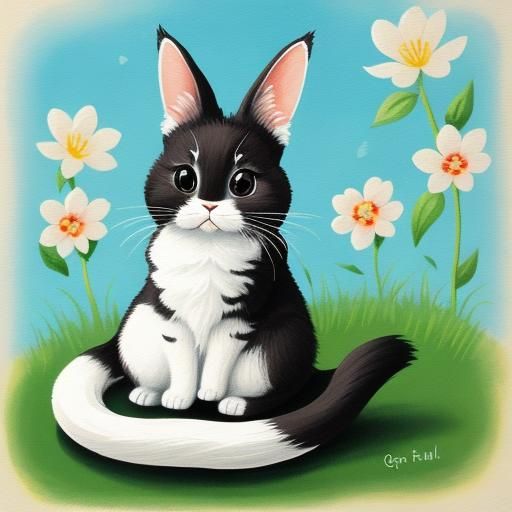 Cute Bunny with Cat Tail: Gouache Painting