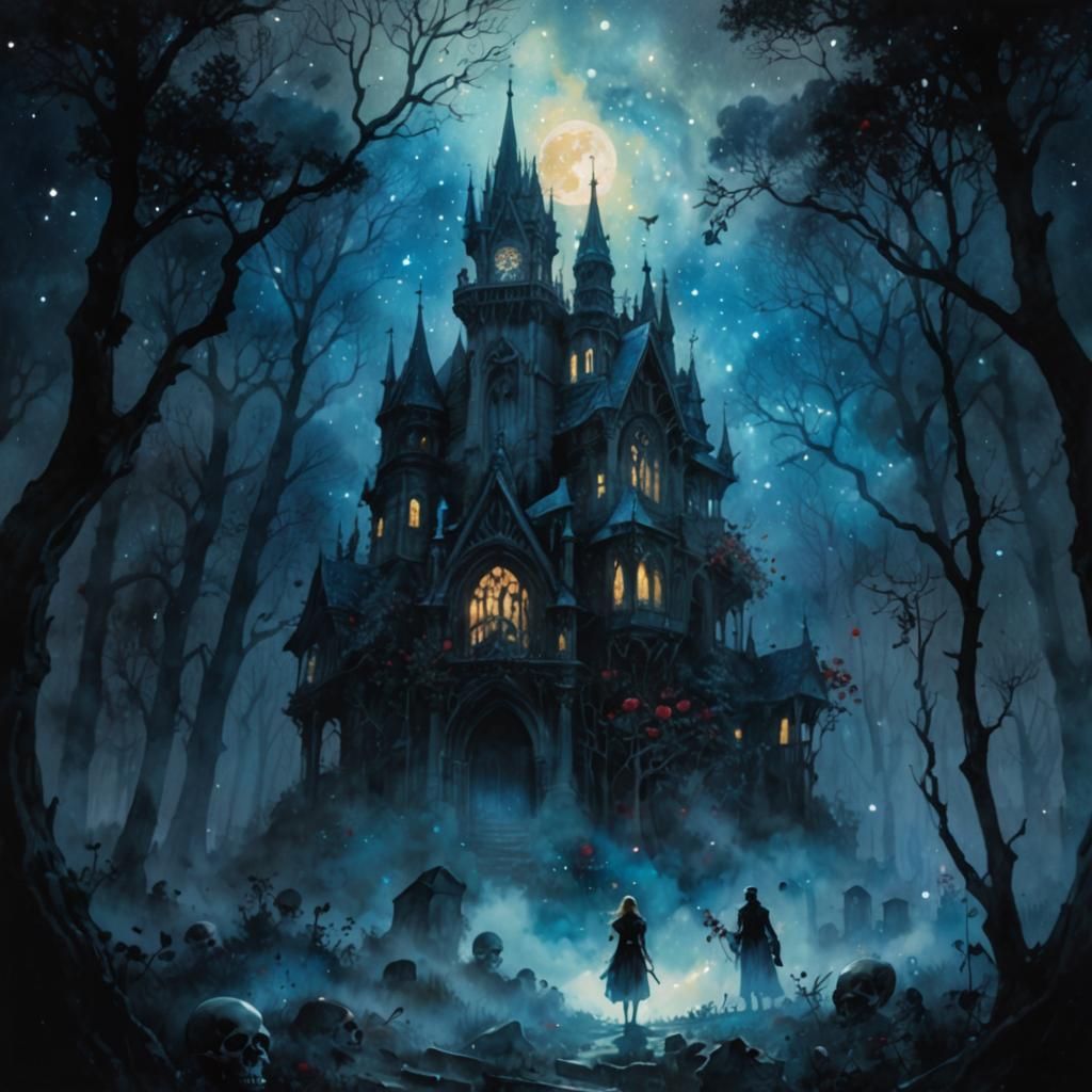 Gothic Girl with Skulls and Roses in Watercolor