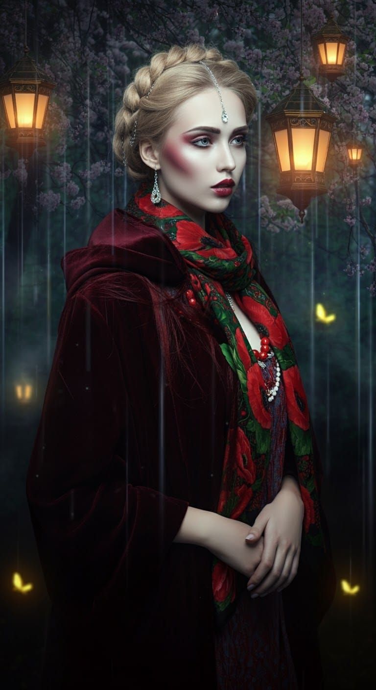 Cyberpunk Singer in Slavic Midsummer's Mystic Forest