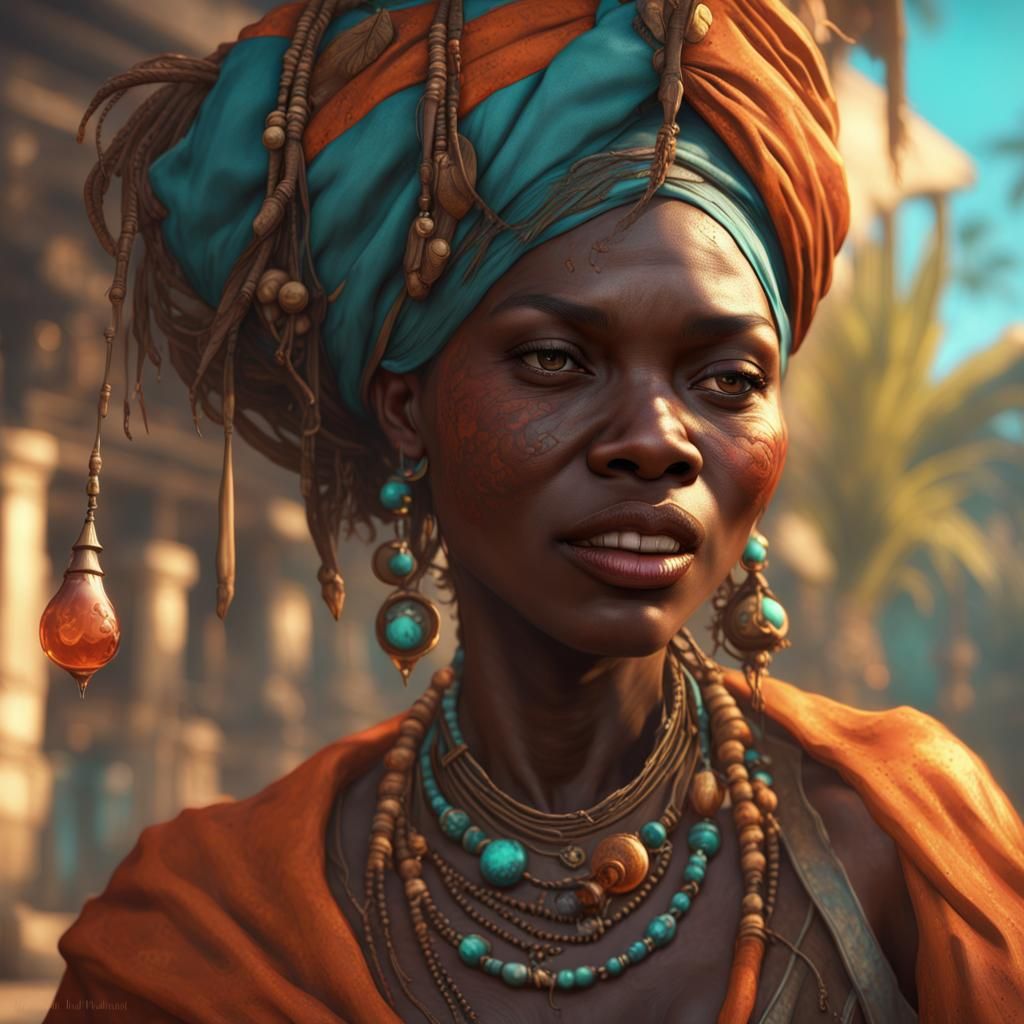 Caribbean Woman Practicing Voodoo in Art Nouveau Style