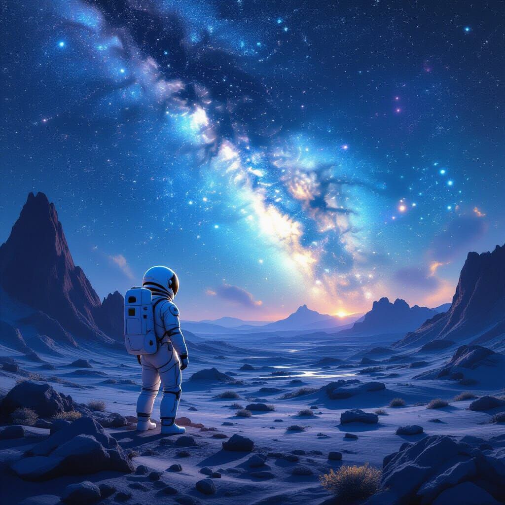 Astronaut on Alien Planet Gazing at Nebula Sky
