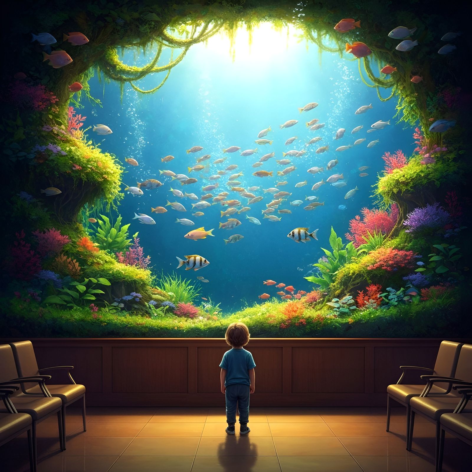 Child Mesmerized by Vibrant Aquarium in Hospital Waiting Roo...