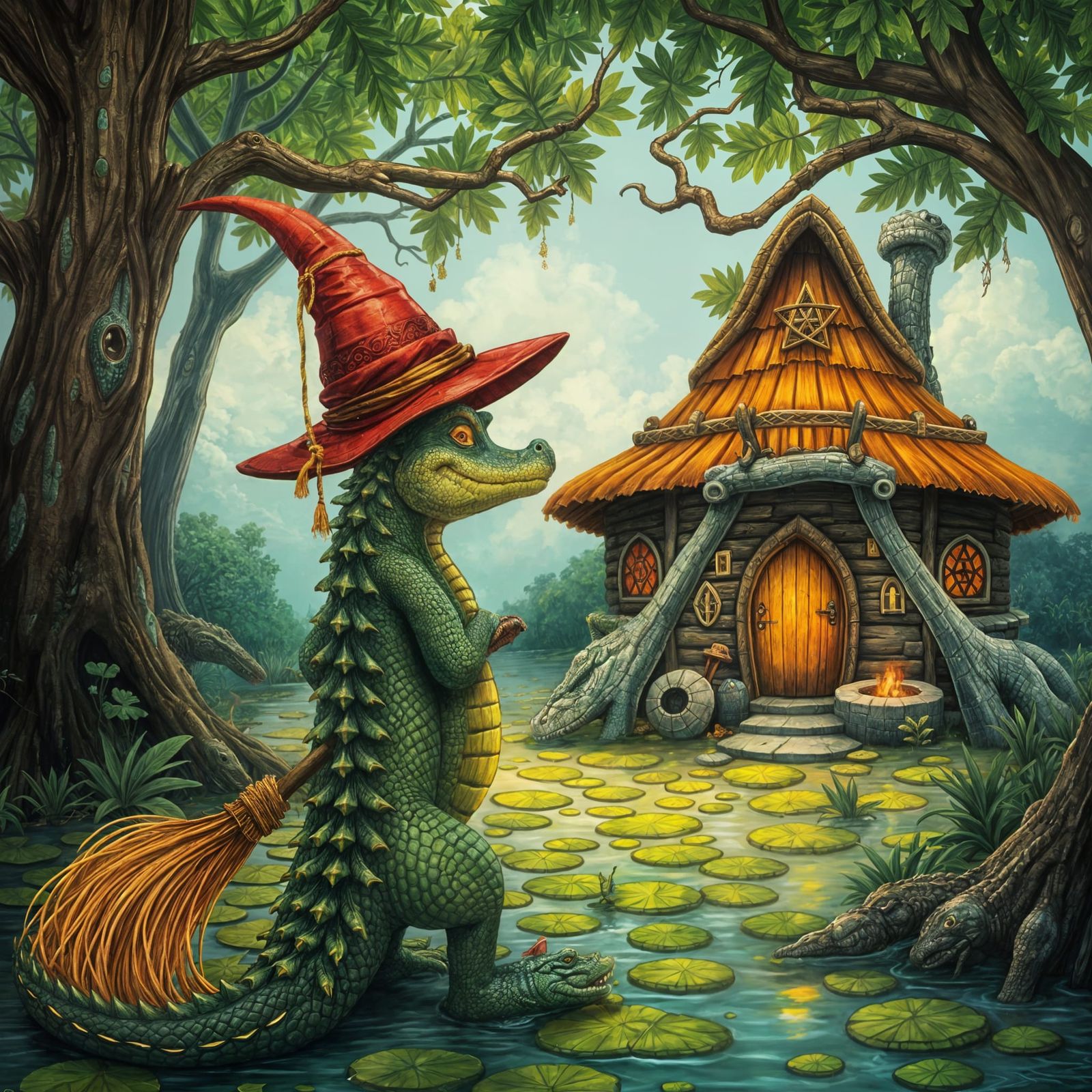 Fantasy Crocodile Witch in Pointy Hat Standing Before Magica...
