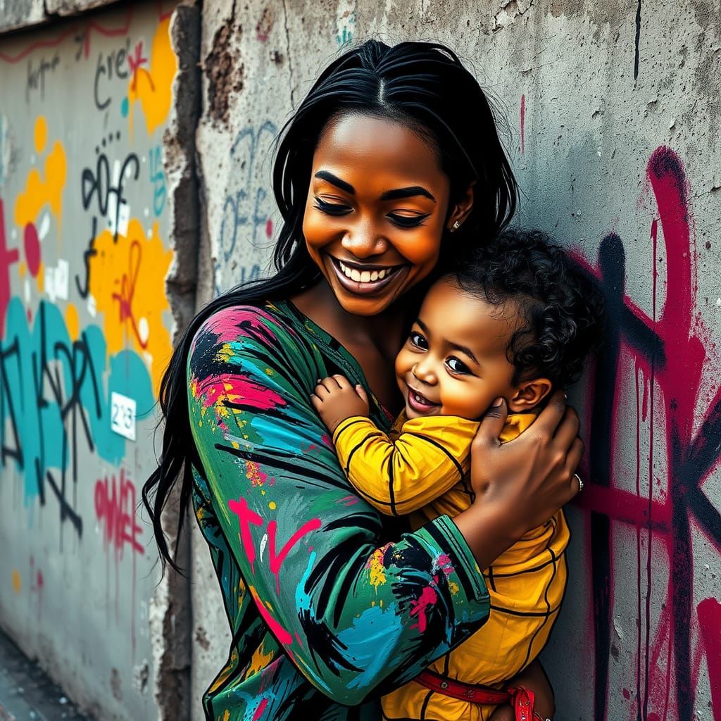 Mother and Child Portrait in Graffiti Art Style