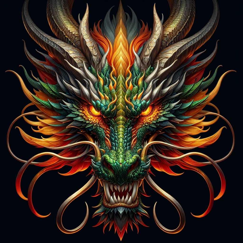 Fierce Dragon Head with Glowing Eyes and Fiery Mane