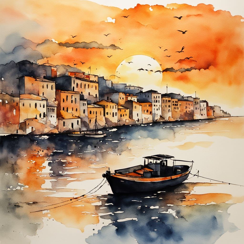 Ethereal Greek Coastline at Sunset