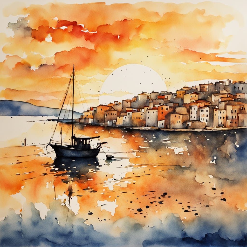 Warm Greek Sunset with Silhouetted Coastline