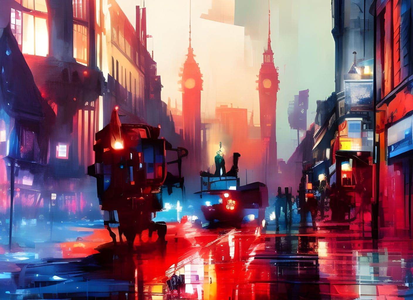 London in Oil Splash: Hyperdetailed Gouache Illustration