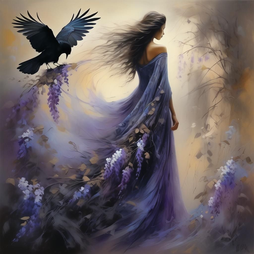 Floral Dress Silhouette with Crow in Lee Bogle Style