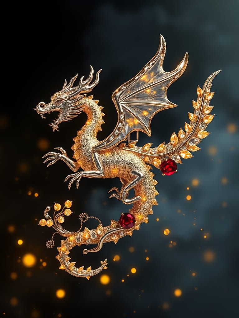 Dragon Brooch with Crystal Petals and Molten Silver