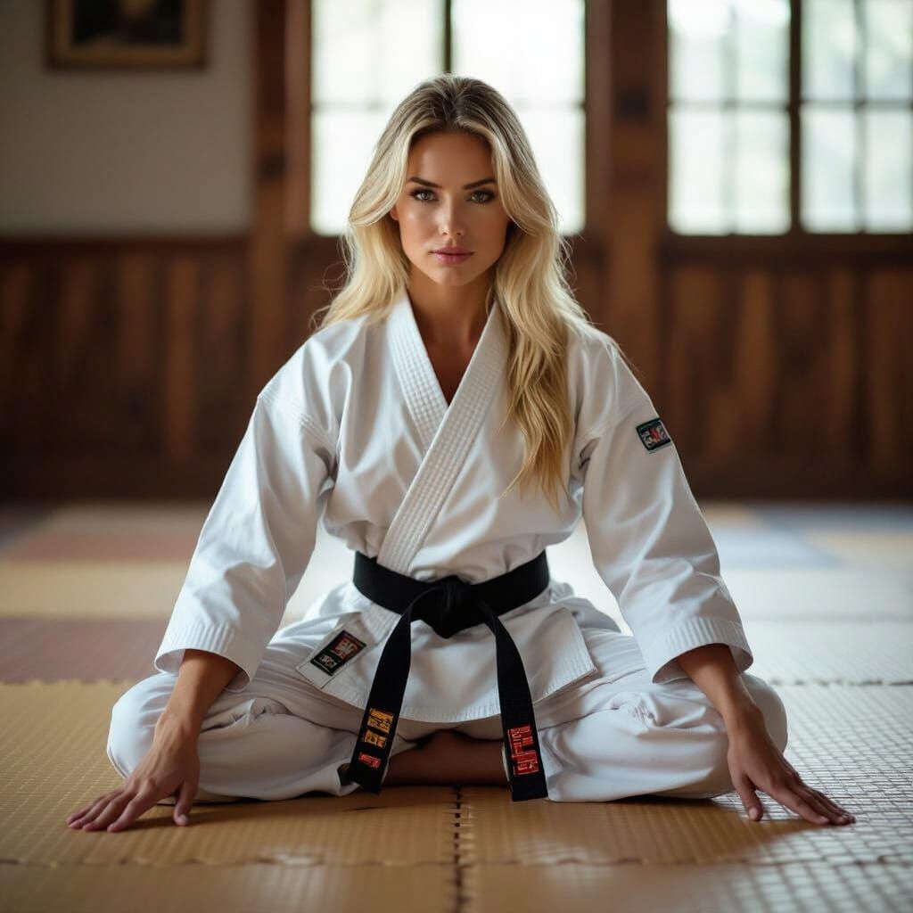 Blonde Woman in Karate Uniform Doing Splits