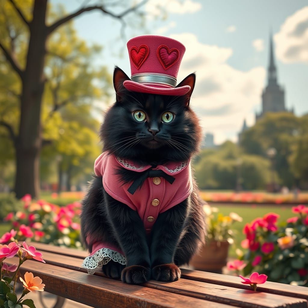 A depiction of a fluffy black cat with green eyes, attired i...