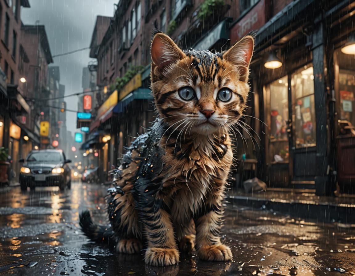 Kitten in Rainy City: Detailed Matte Painting