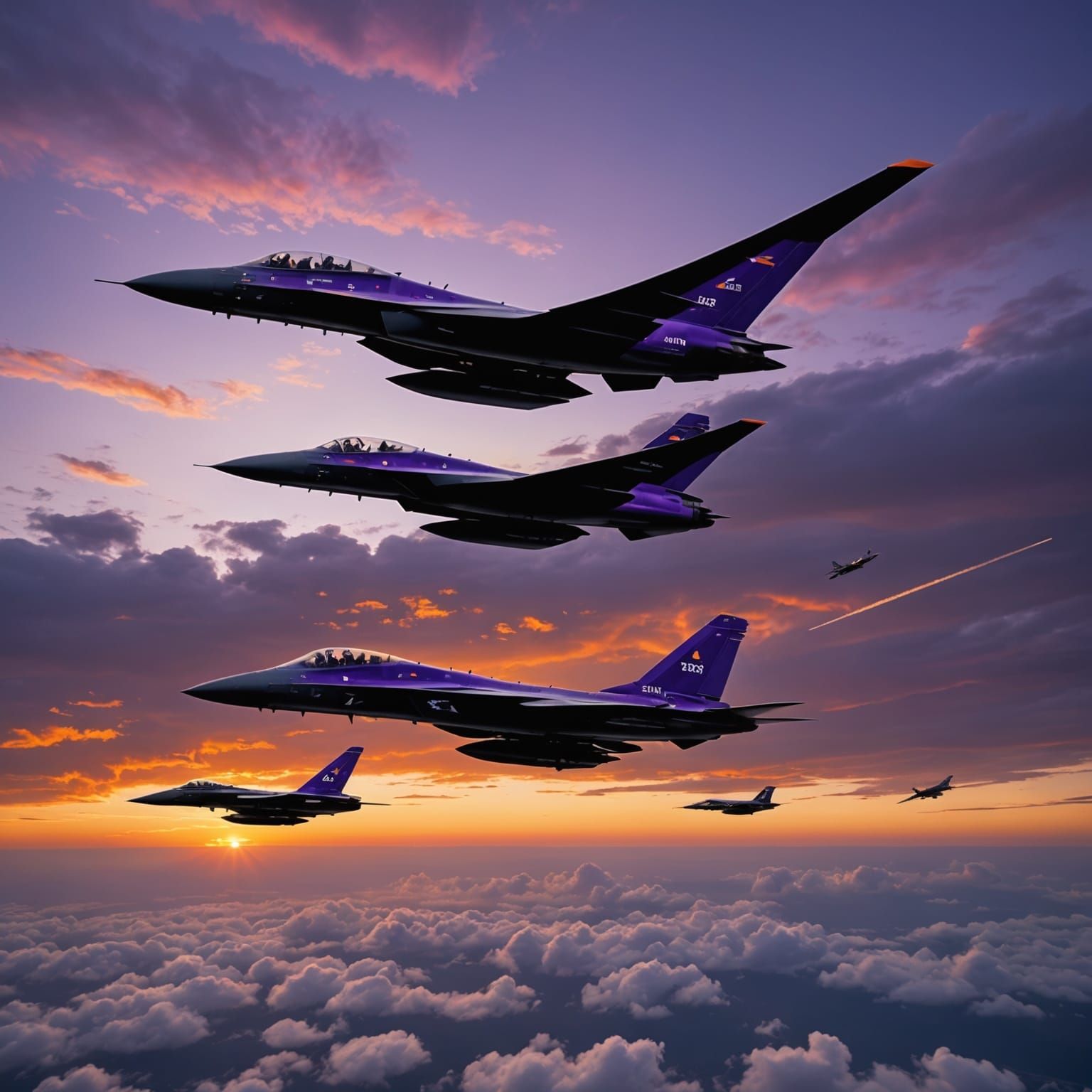 Futuristic D-Day Flypast at Sunset, Energetic Oil Painting