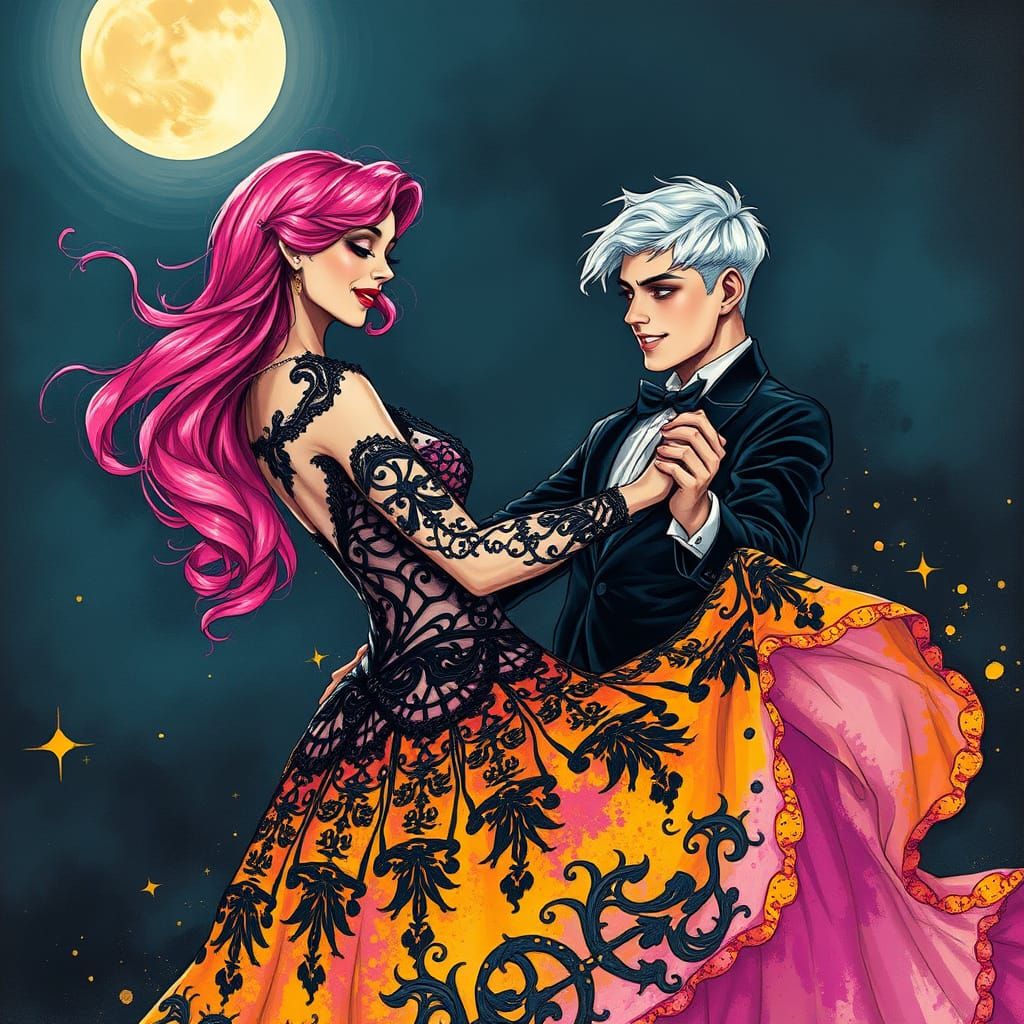 Gothic Romance Under Moonlight in Alcohol Ink Style