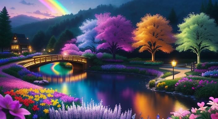 Radiant Garden Scene in Kinkade Style