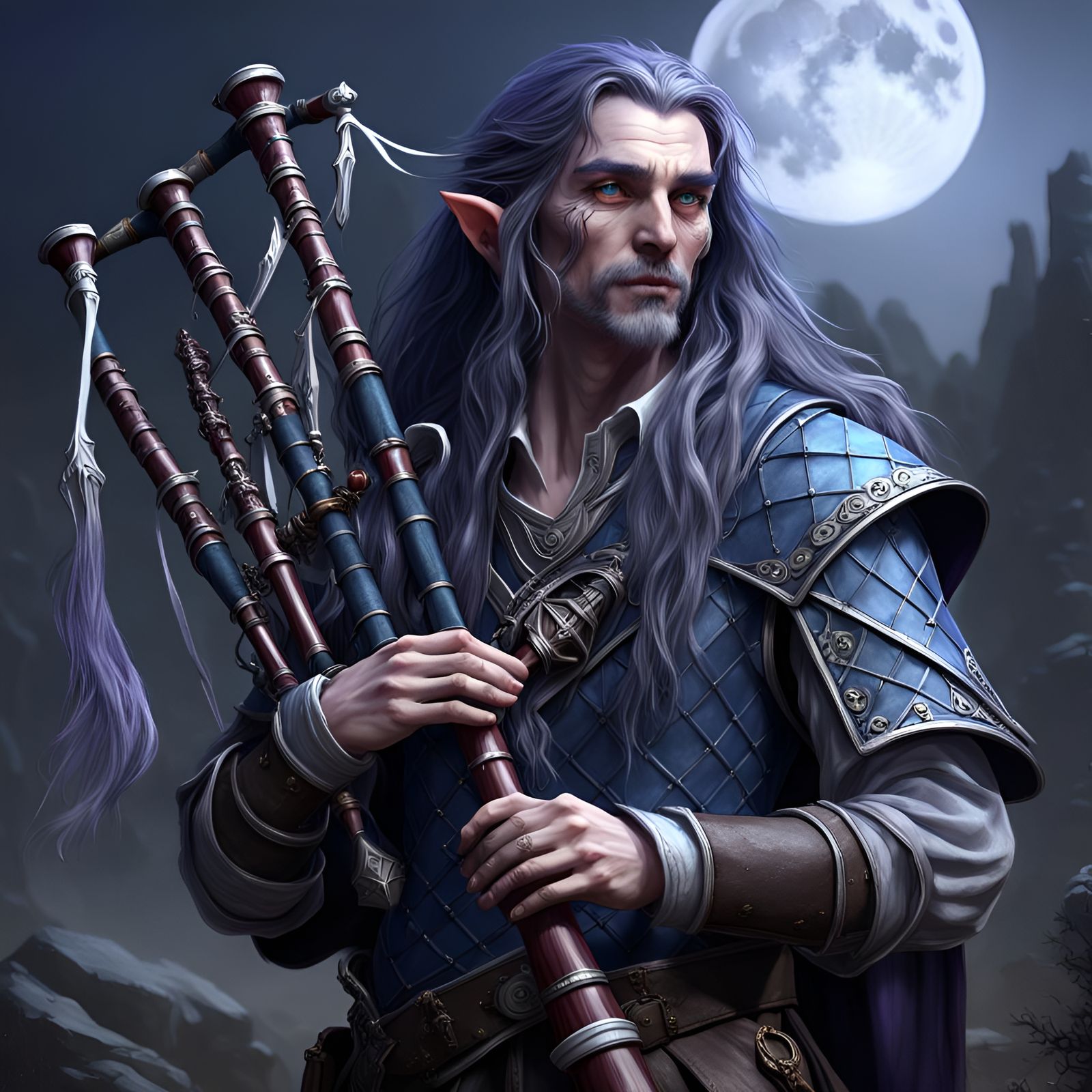 Moon Elf Bard with Bagpipes: Dark Fantasy Art