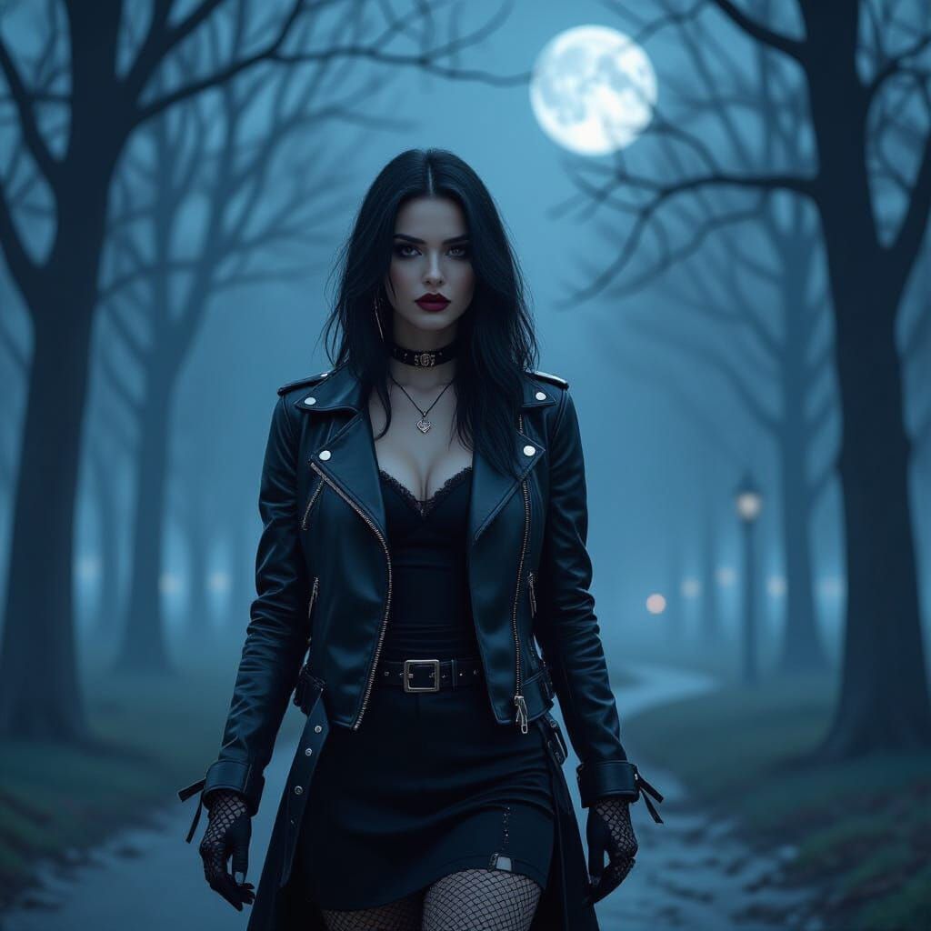 Goth Woman in Moonlit Park: Digital Art