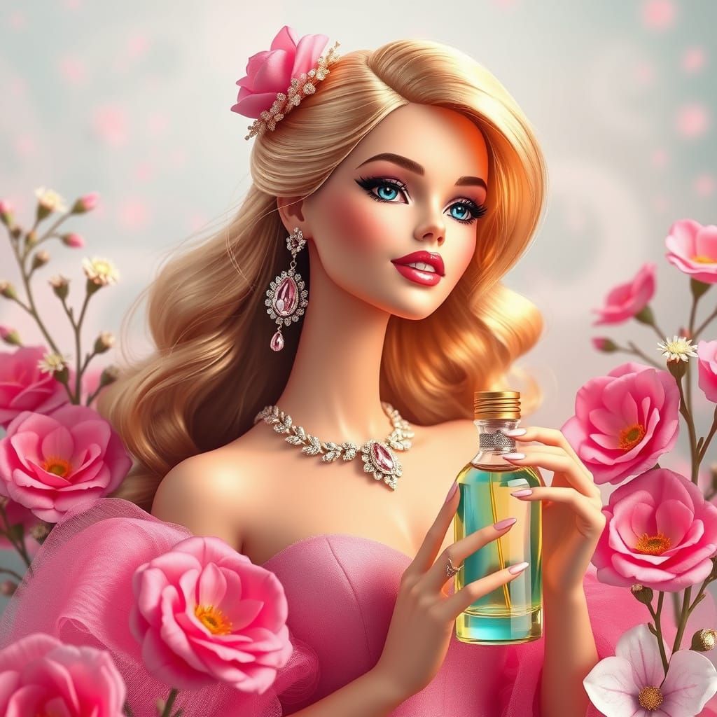 Dreamy Barbie-Inspired Perfume Scene with Smiling Women