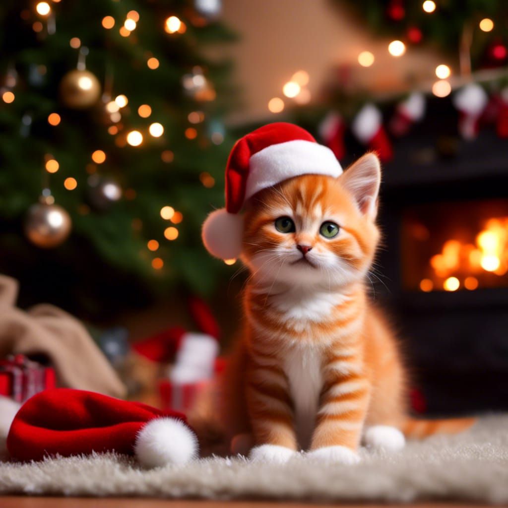 Cute Orange Tabby Kitten in Christmas Living Room