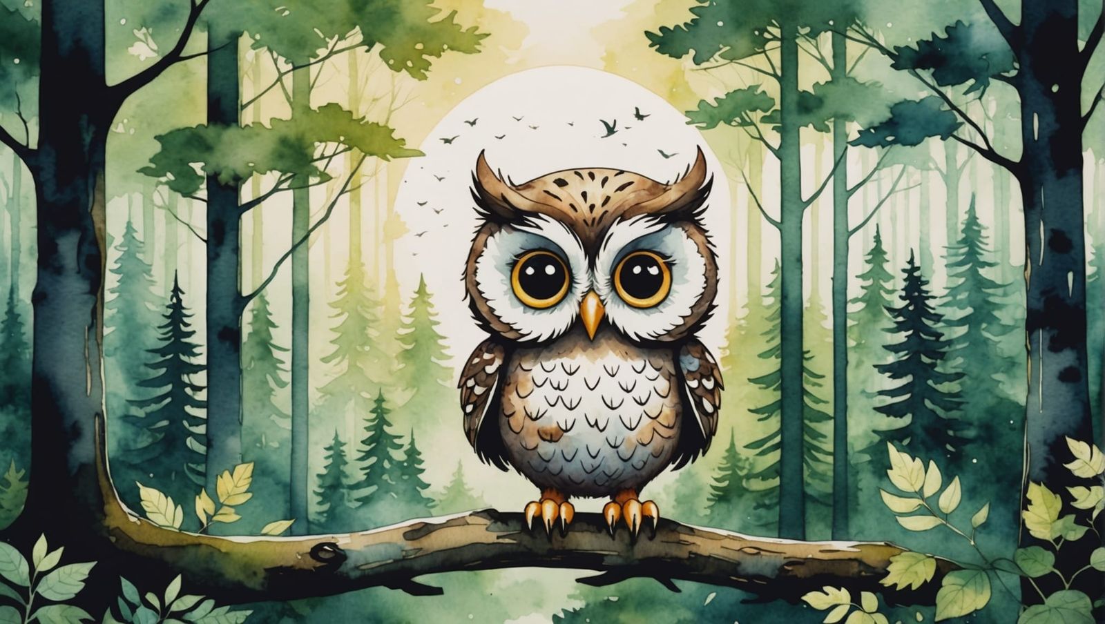 Green Cute chibi owl - watercolour