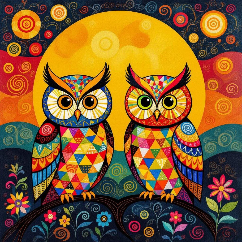 ((Masterpiece)), (((The artwork features vibrant, abstract figures resembling elongated owls, with geometric patterns in...