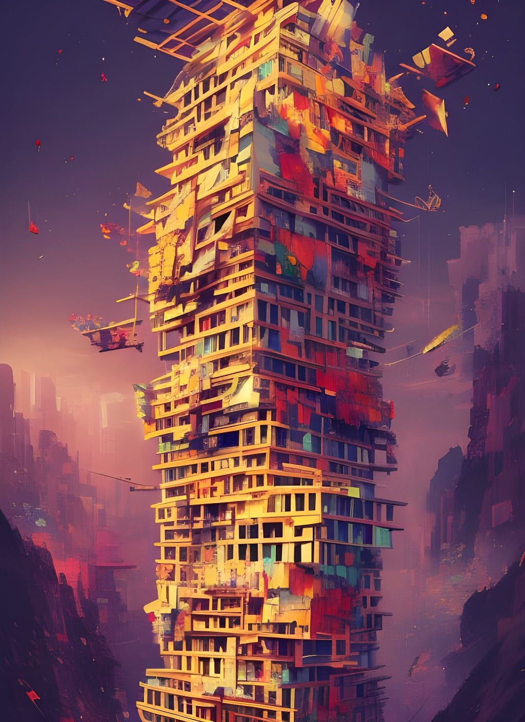 Unstable Jenga Tower in Japanese Art Style