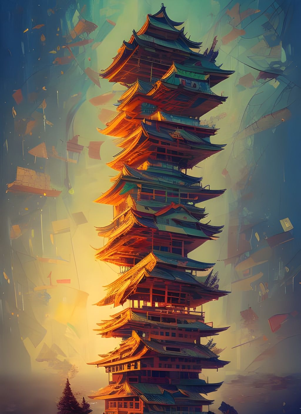 Unstable Jenga Tower in Japanese Art Style