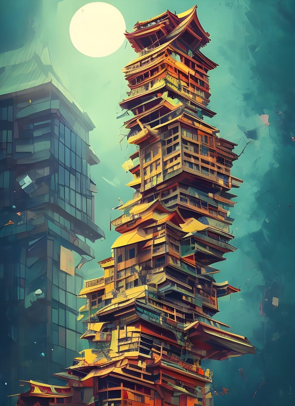 Unstable Jenga Tower in Japanese Art Style