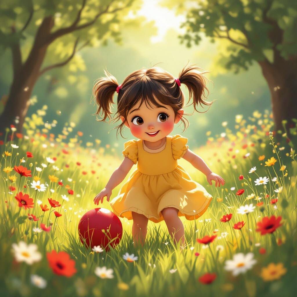 Girl Plays with Ball in Sunlit Meadow: Storybook Style