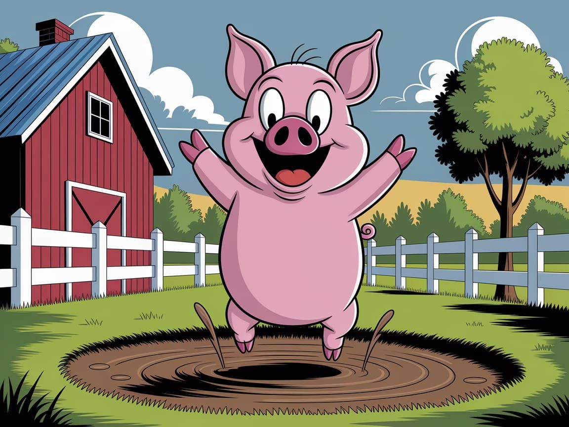 Adorable Pig Jumps in Mud Puddle on Farm