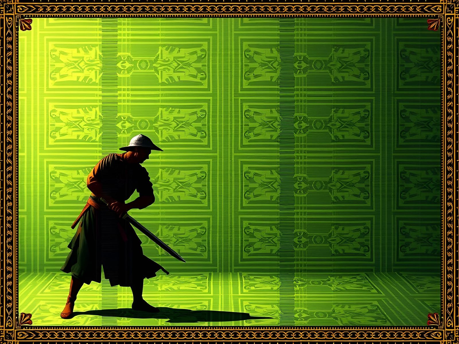 Swordsman Unsheathing Sword Repeating Byzantine Motifs